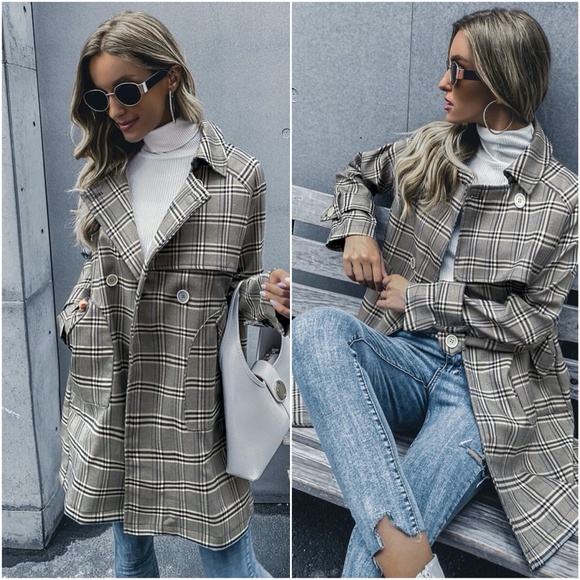 plaid button pocketed trench pea coat brown camel - Picture 7 of 9